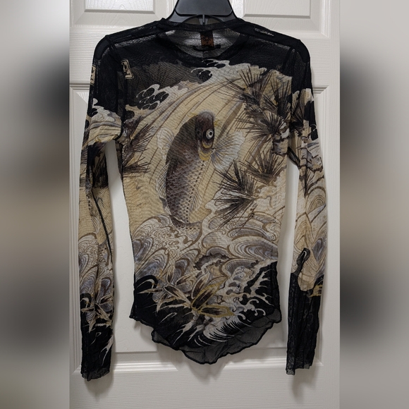 Jean Paul Gaultier Soleil 90s Japanese Tattoo Koi Fish Long Sleeve Mesh Shirt M - Picture 2 of 8